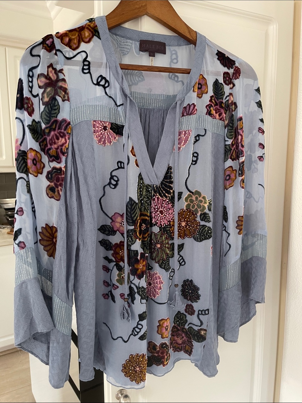 Halo Bob silk Light Blue Floral Embroidered V-Neck Blouse